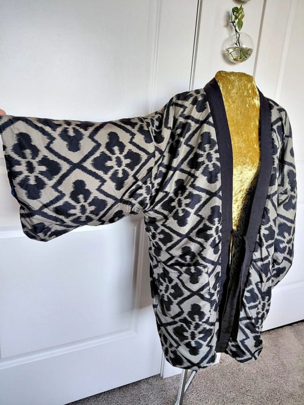 Reversible Patterned Kimono Cape in Blue & Gray